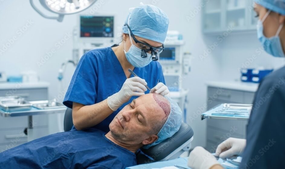 Dr. Srinu K, board-certified hair transplant surgeon at Exult Clinic Vizag, consulting a patient